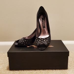 Nina Faviola Black Crystal Peep Toe Heels